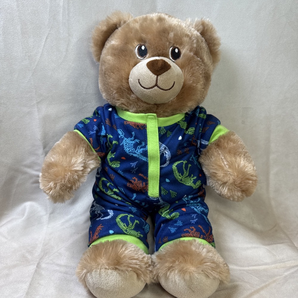 Build A Bear Workshop Beige Cub Teddy Plush 16" Stuffed Animal Blue Dino PJ  BAB